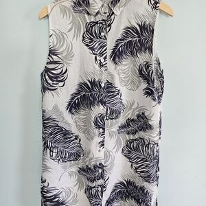 Lina Tomei Chic Monochrome Feather Print Italian Linen Midi Dress